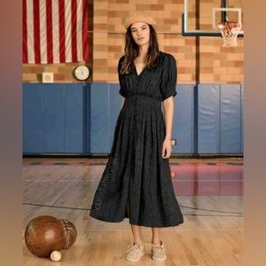 THE GREAT Alder Pleated Jacquard Midi Dress in Black